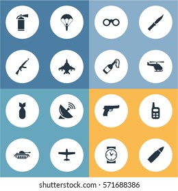 Set Of 16 Simple Army Icons. Can Be Found Such Elements As Cold Weapon, Walkies, Molotov And Other.