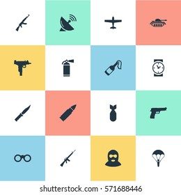 Set Of 16 Simple Army Icons. Can Be Found Such Elements As Extinguisher, Signal Receiver, Paratrooper And Other.