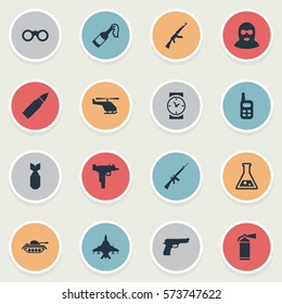 Set Of 16 Simple Army Icons. Can Be Found Such Elements As Field Glasses, Molotov, Terrorist And Other.