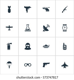 Set Of 16 Simple Army Icons. Can Be Found Such Elements As Pistol, Heavy Weapon, Kalashnikov And Other.