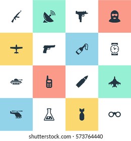 Set Of 16 Simple Army Icons. Can Be Found Such Elements As Walkies, Kalashnikov, Air Bomber And Other.