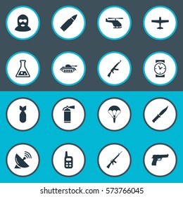 Set Of 16 Simple Army Icons. Can Be Found Such Elements As Walkies, Pistol, Terrorist And Other.