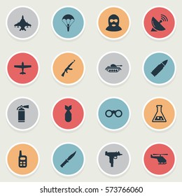 Set Of 16 Simple Army Icons. Can Be Found Such Elements As Sky Force, Chemistry, Paratrooper And Other.