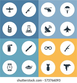 Set Of 16 Simple Army Icons. Can Be Found Such Elements As Rifle Gun, Air Bomber, Firearm And Other.
