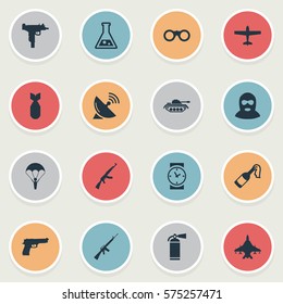 Set Of 16 Simple Army Icons. Can Be Found Such Elements As Field Glasses, Extinguisher, Sky Force And Other.