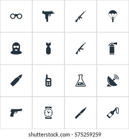 Set Of 16 Simple Army Icons. Can Be Found Such Elements As Molotov, Field Glasses, Rifle Gun And Other.