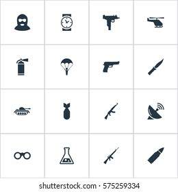 Set Of 16 Simple Army Icons. Can Be Found Such Elements As Rifle Gun, Kalashnikov, Helicopter And Other.