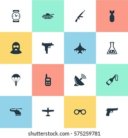 Set Of 16 Simple Army Icons. Can Be Found Such Elements As Kalashnikov, Walkies, Field Glasses And Other.