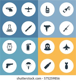 Set Of 16 Simple Army Icons. Can Be Found Such Elements As Watch, Nuke, Terrorist And Other.