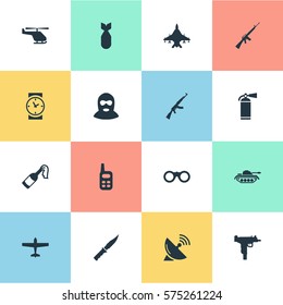 Set Of 16 Simple Army Icons. Can Be Found Such Elements As Firearm, Sky Force, Air Bomber And Other.