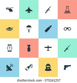 Set Of 16 Simple Army Icons. Can Be Found Such Elements As Ammunition, Paratrooper, Nuke And Other.