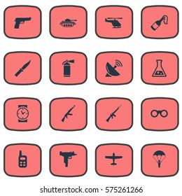 Set Of 16 Simple Army Icons. Can Be Found Such Elements As Rifle Gun, Chemistry, Watch And Other.