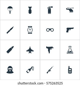 Set Of 16 Simple Army Icons. Can Be Found Such Elements As Pistol, Field Glasses, Sky Force And Other.