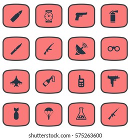 Set Of 16 Simple Army Icons. Can Be Found Such Elements As Extinguisher, Firearm, Rifle Gun And Other.