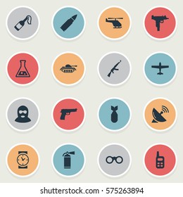 Set Of 16 Simple Army Icons. Can Be Found Such Elements As Chemistry, Pistol, Heavy Weapon And Other.