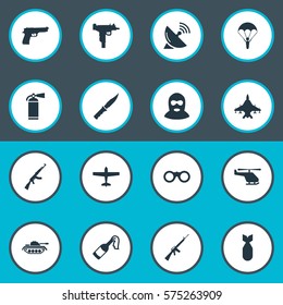 Set Of 16 Simple Army Icons. Can Be Found Such Elements As Kalashnikov, Paratrooper, Signal Receiver And Other.