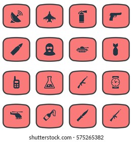 Set Of 16 Simple Army Icons. Can Be Found Such Elements As Sky Force, Extinguisher, Terrorist And Other.