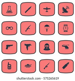 Set Of 16 Simple Army Icons. Can Be Found Such Elements As Signal Receiver, Watch, Heavy Weapon And Other.