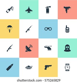 Set Of 16 Simple Army Icons. Can Be Found Such Elements As Paratrooper, Signal Receiver, Ammunition And Other.