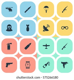 Set Of 16 Simple Army Icons. Can Be Found Such Elements As Kalashnikov, Signal Receiver, Ammunition And Other.