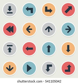 Set Of 16 Simple Arrows Icons. Can Be Found Such Elements As Pointer, Left Direction, Let Down And Other.