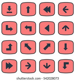 Set Of 16 Simple Arrows Icons. Can Be Found Such Elements As Rearward, Upward Direction, Upward Direction And Other.