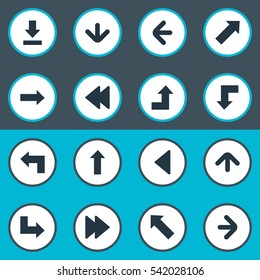 Set Of 16 Simple Arrows Icons. Can Be Found Such Elements As Reduction, Pointer, Let Down And Other.