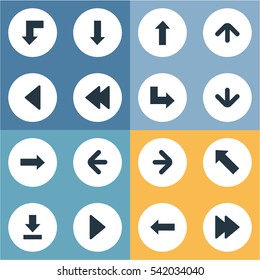 Set Of 16 Simple Arrows Icons. Can Be Found Such Elements As Rearward, Let Down, Pointer And Other.