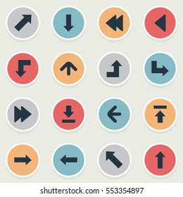 Set Of 16 Simple Arrows Icons. Can Be Found Such Elements As Upward Direction, Rearward, Indicator And Other.