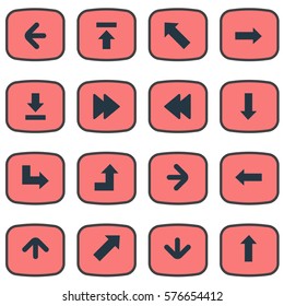 Set Of 16 Simple Arrows Icons. Can Be Found Such Elements As Pointer, Increasing, Rearward And Other.