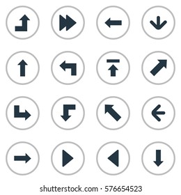 Set Of 16 Simple Arrows Icons. Can Be Found Such Elements As Left Direction, Downwards Pointing, Increasing And Other.