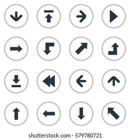 Set Of 16 Simple Arrows Icons. Can Be Found Such Elements As Downwards Pointing, Right Landmark, Downwards Pointing.