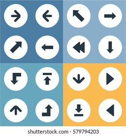 Set Of 16 Simple Arrows Icons. Can Be Found Such Elements As Right Direction, Indicator, Let Down And Other.