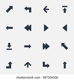 Set Of 16 Simple Arrows Icons. Can Be Found Such Elements As Upward Direction, Left Direction, Pointer And Other.