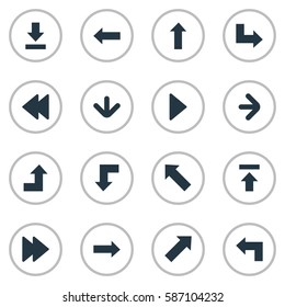 Set Of 16 Simple Arrows Icons. Can Be Found Such Elements As Downwards Pointing, Transfer, Pointer And Other.