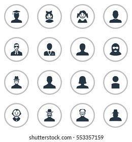 Set Of 16 Simple Avatar Icons. Can Be Found Such Elements As Felon, Agent, Little Girl And Other.
