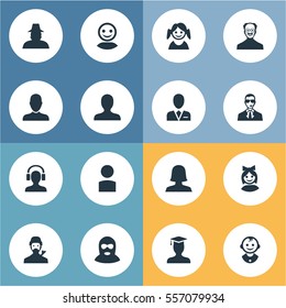 Set Of 16 Simple Avatar Icons. Can Be Found Such Elements As Girl Face, Agent, Little Girl And Other.