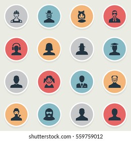 Set Of 16 Simple Avatar Icons. Can Be Found Such Elements As Little Girl, Postgraduate, Job Man And Other.