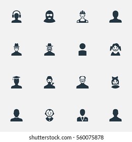 Set Of 16 Simple Avatar Icons. Can Be Found Such Elements As Mysterious Man, Insider, Workman And Other.
