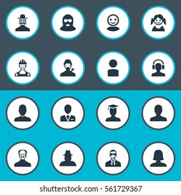 Set Of 16 Simple Avatar Icons. Can Be Found Such Elements As Whiskers Man, Insider, Job Man And Other.