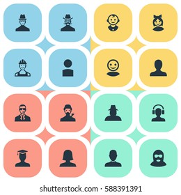 Set Of 16 Simple Avatar Icons. Can Be Found Such Elements As Moustache Man, Woman User, Postgraduate And Other.