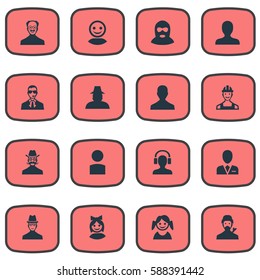 Set Of 16 Simple Avatar Icons. Can Be Found Such Elements As Little Girl, Mysterious Man, Moustache Man And Other.