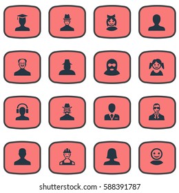 Set Of 16 Simple Avatar Icons. Can Be Found Such Elements As Girl Face, Portrait, Whiskers Man And Other.