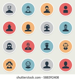 Set Of 16 Simple Avatar Icons. Can Be Found Such Elements As Insider, Postgraduate, Male With Headphone And Other.