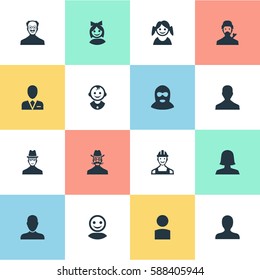 Set Of 16 Simple Avatar Icons. Can Be Found Such Elements As Spy, Insider, Proletarian And Other.