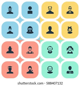 Set Of 16 Simple Avatar Icons. Can Be Found Such Elements As Proletarian, Felon, Agent And Other.