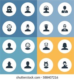 Set Of 16 Simple Avatar Icons. Can Be Found Such Elements As Postgraduate, Internet Profile, Mysterious Man And Other.