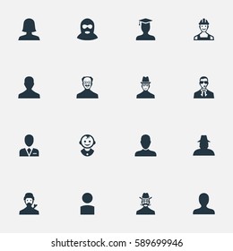 Set Of 16 Simple Avatar Icons. Can Be Found Such Elements As Whiskers Man, Postgraduate, Young Shaver And Other.