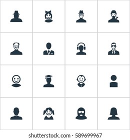 Set Of 16 Simple Avatar Icons. Can Be Found Such Elements As Workman, Postgraduate, Girl Face And Other.