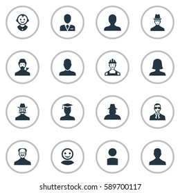 Set Of 16 Simple Avatar Icons. Can Be Found Such Elements As Internet Profile, Woman User, Job Man And Other.